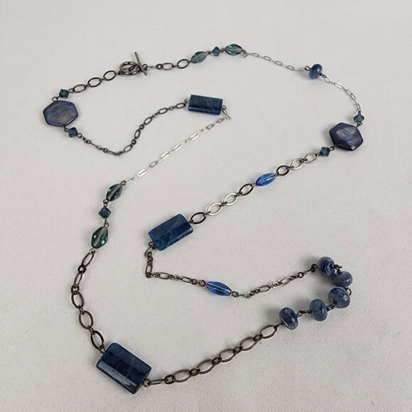 Blue Polished Natural Stone Black Chain Toggle Necklace - Picture 2 of 6